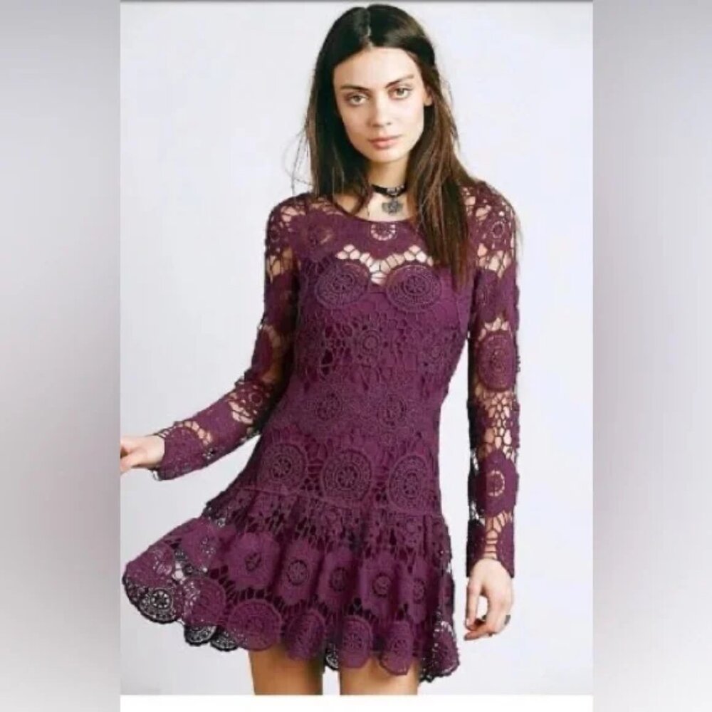 Free People Night Out M Purple Crochet Lace Lining Tassel Tie Accent boho